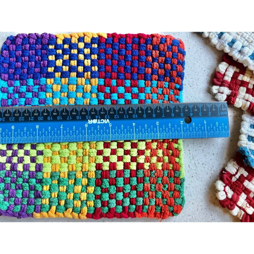 Handwoven Cotton Pot Holders Set Of 5 - Multicolor Large & Red/White/Blue Small